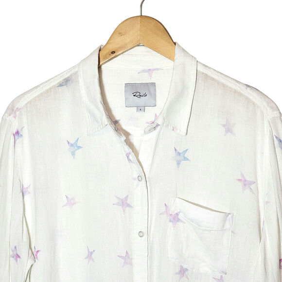 Rails Charli Linen Shirt Tie Dye Stars Button Down White Relaxed Fit Casual L - Picture 3 of 16